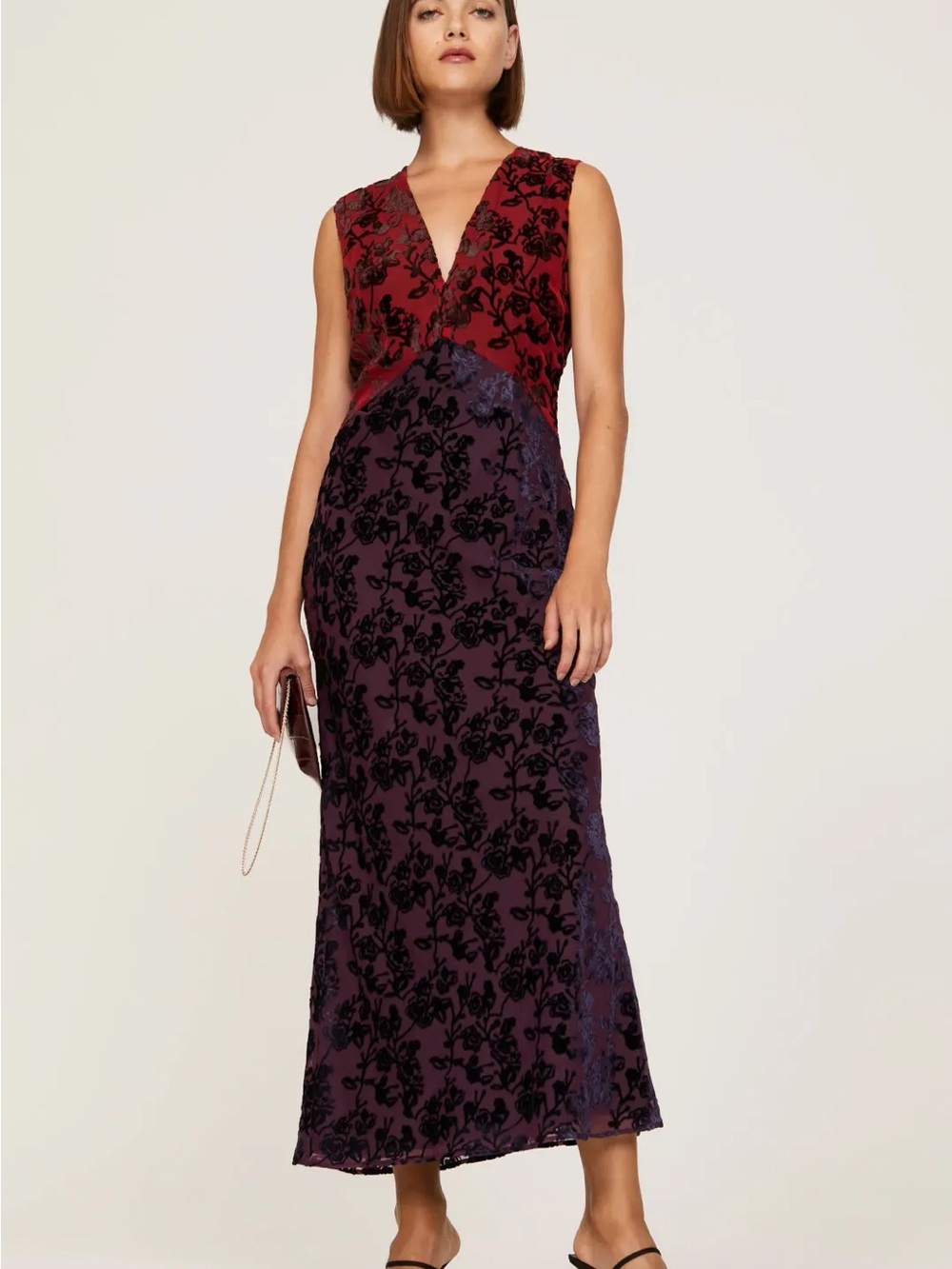 Sleeveless V-Neck Burgundy and Black Floral Evening Gown
